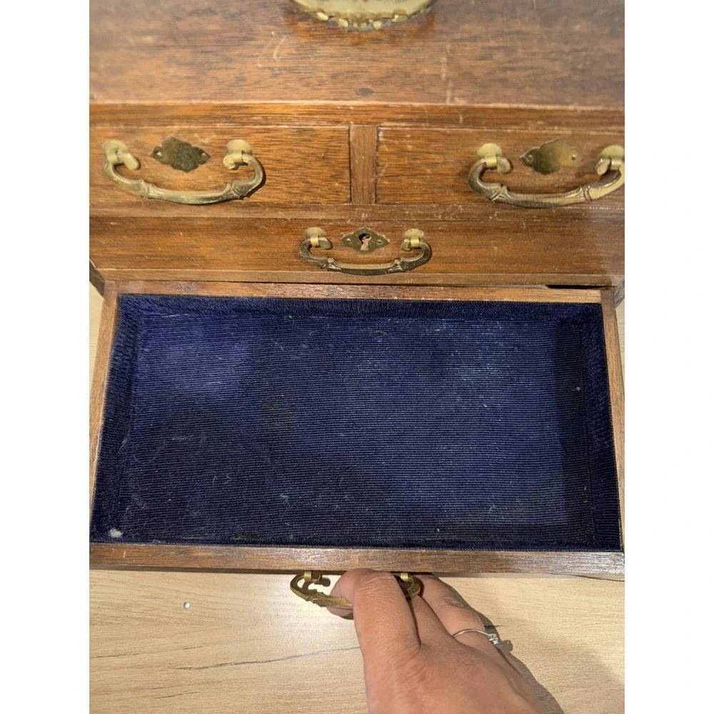 Vintage Brass Japan Tone Ornate Handles & Wood Jewelry Box Case Drawers